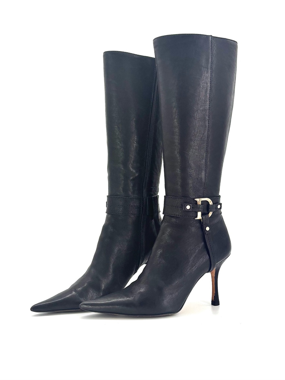 Dior Vintage Galliano Logo Harness Knee High Heeled Boots 37.5